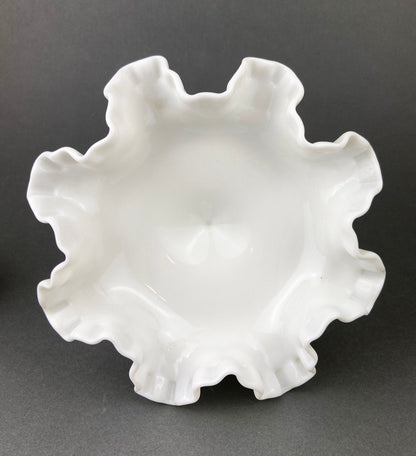Vintage Fenton Milk Glass Candy Dish, Hobnail Ruffled Trinket Bowl