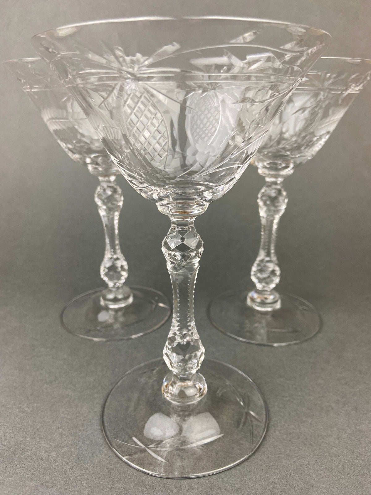 Vintage Cut Crystal Champagne Glasses, Fine Stemware, Daisy Motif, Set of 9