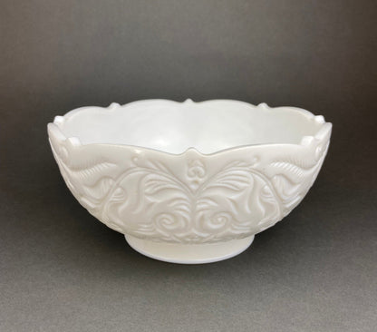 Vintage Milk Glass Bowl and Butter Dish, Waffle Pattern, Scalloped Edge