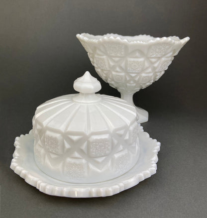 Vintage Milk Glass Bowl and Butter Dish, Waffle Pattern, Scalloped Edge