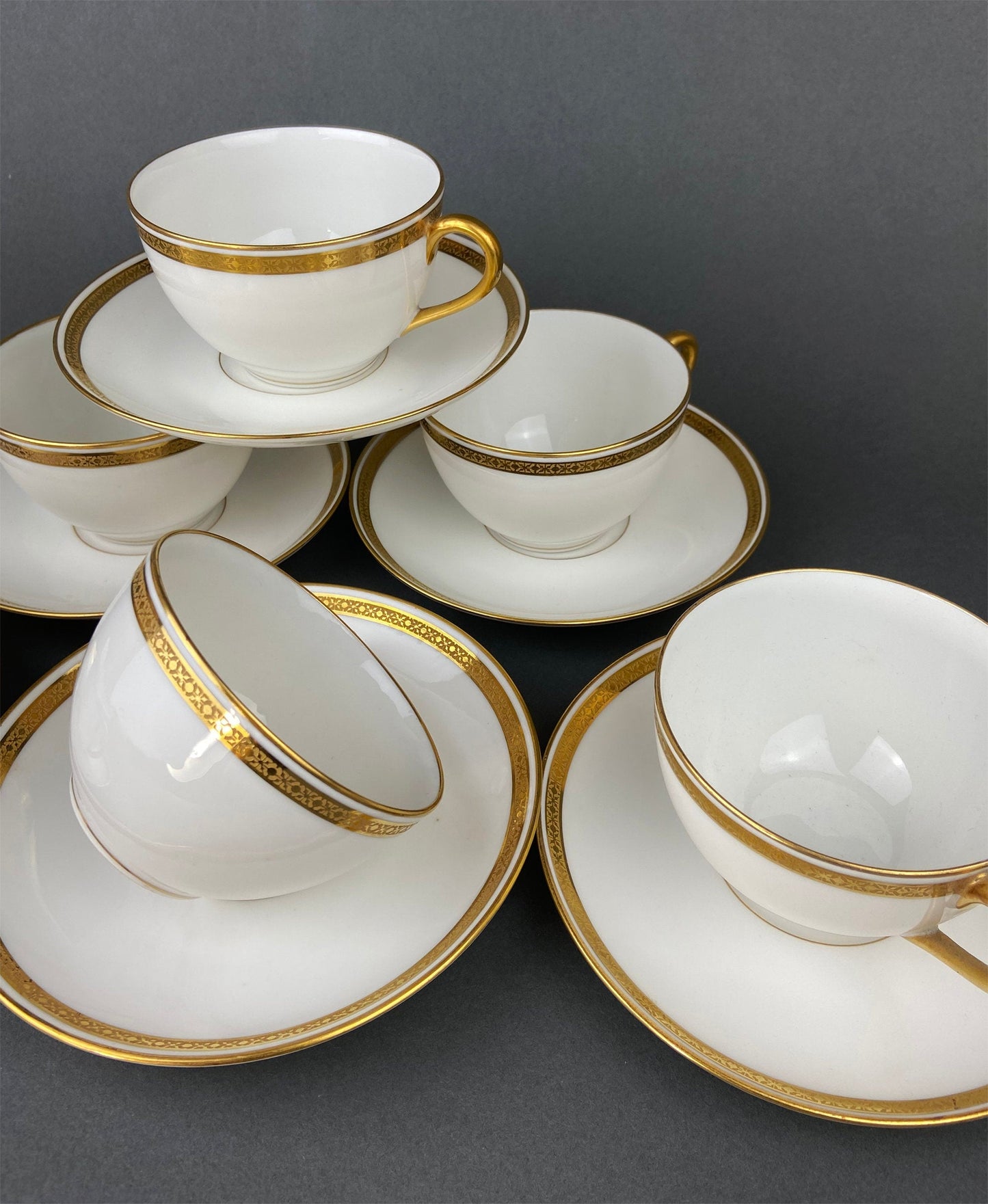 Antique Limoges Porcelain Tea Set with Clover Trim. Set of Six Dessert Plates, 5 Cups and Saucers, & Oval Serving Platter. Haviland France.