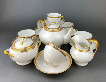 Antique Limoges Porcelain Tea Set with Clover Trim. Set of Six Dessert Plates, 5 Cups and Saucers, & Oval Serving Platter. Haviland France.