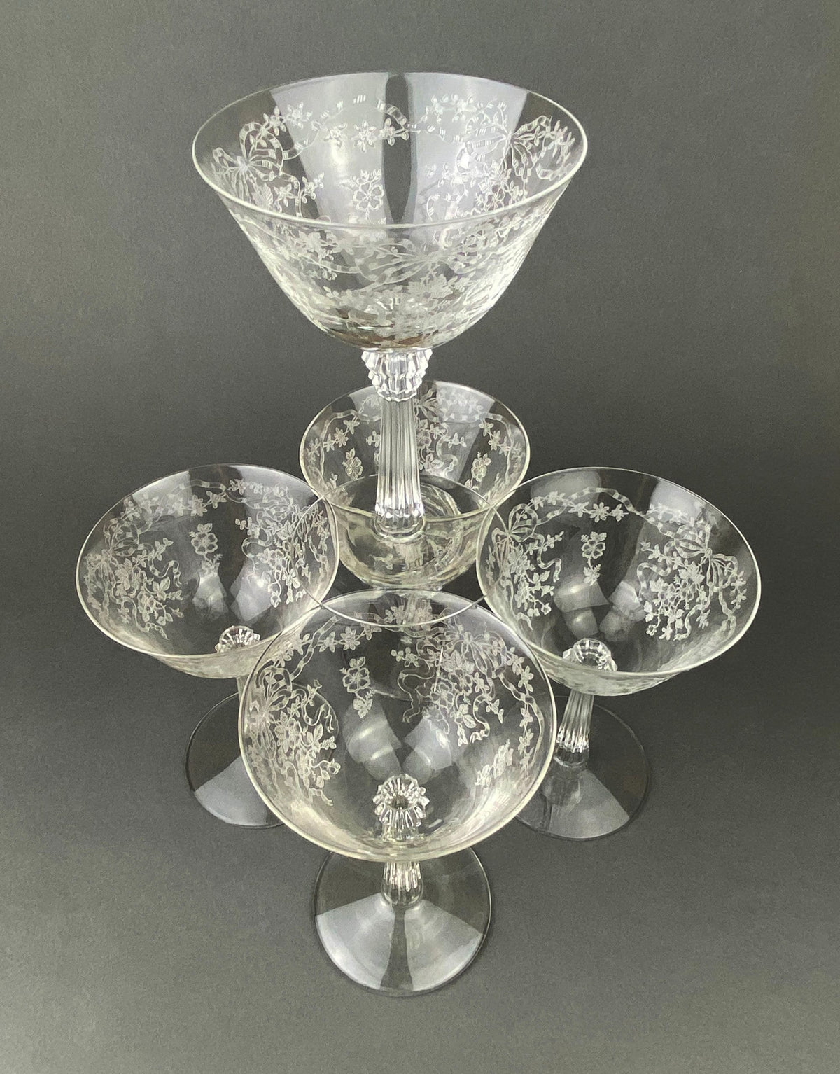 Vintage Fostoria Champagne Glasses, Set of 6 Etched Crystal Stemware