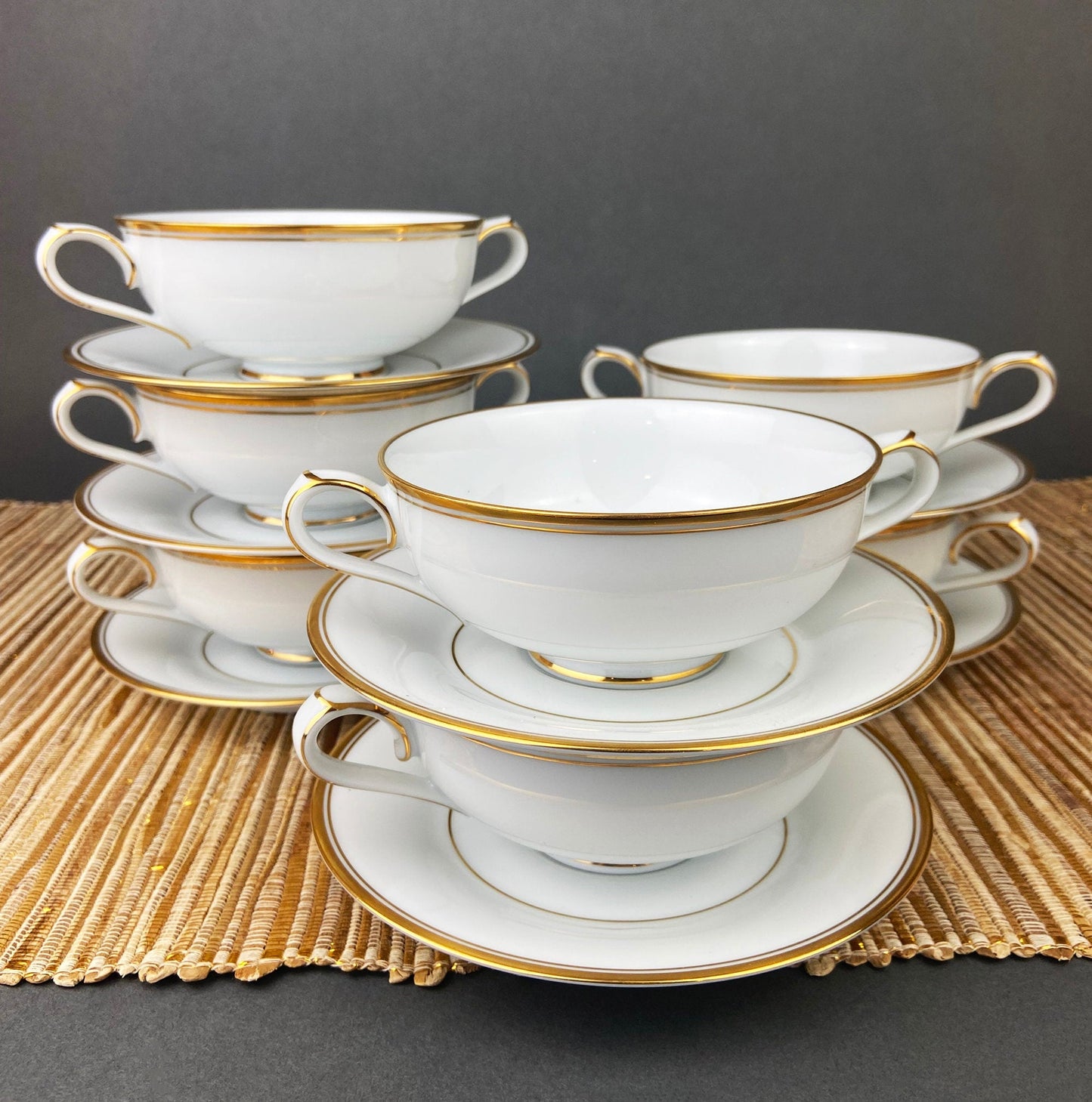 White China Cups and Saucers: Gold Embossed Band, Set of 5