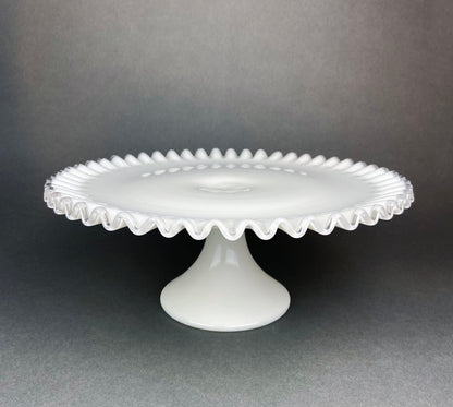 Vintage Thumb Print Milk Glass Cake Stand. White 12" Cake Serving Platter with Ruffled Edge. Wedding Birthday Holiday Celebration.