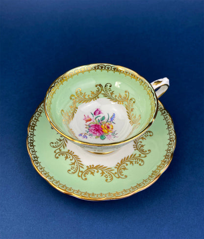 Vintage Grosvenor Fine Bone China Teacup and Saucer - Mint Green Floral