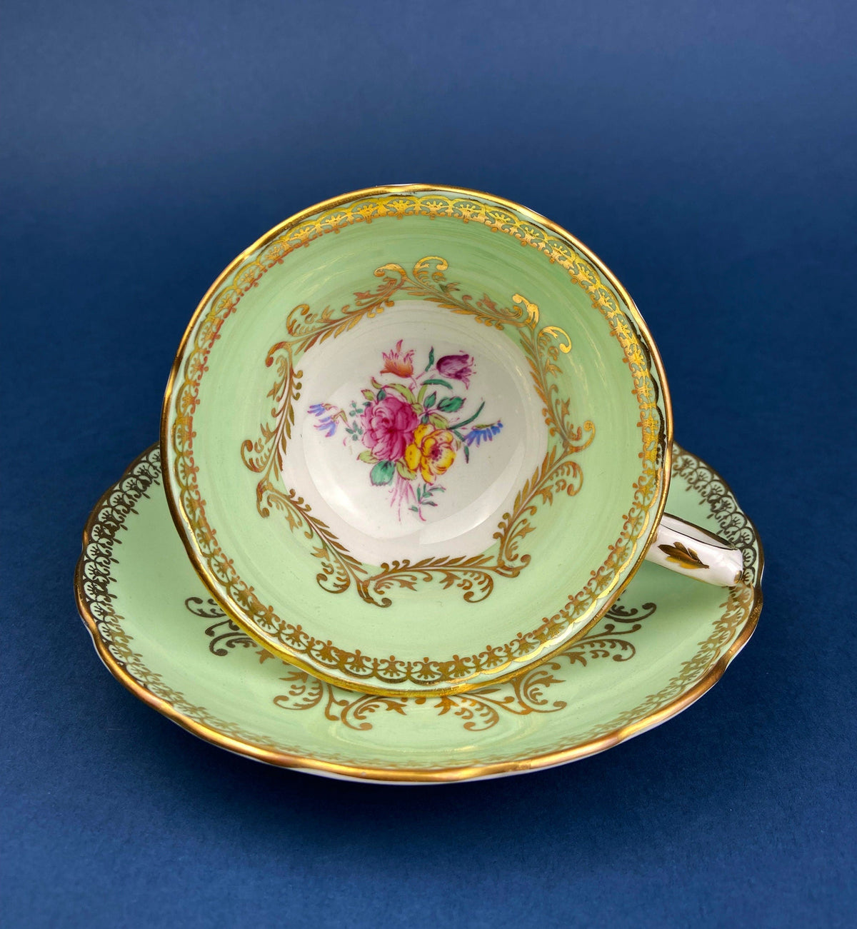 Vintage Grosvenor Fine Bone China Teacup and Saucer - Mint Green Floral