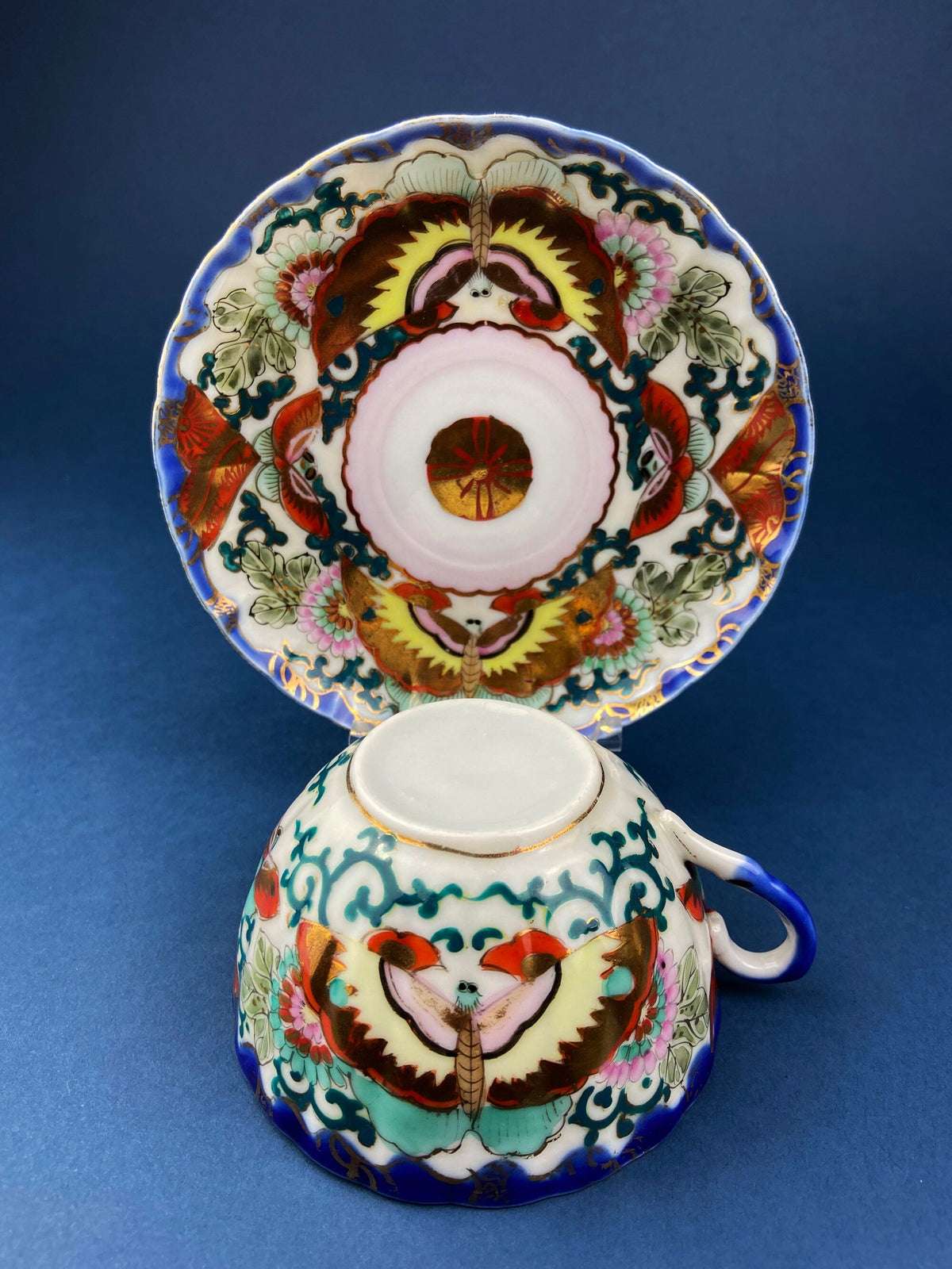 Antique Hand Painted Tea Cup - Asian Motif with June Moth Pattern