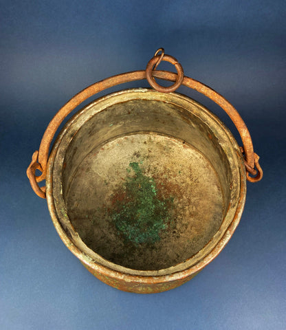 Antique Copper Cauldron with Brass Bottom & Ceramic Handles. Hand Hammered Scuttle for Firewood. Rustic Home Decor.