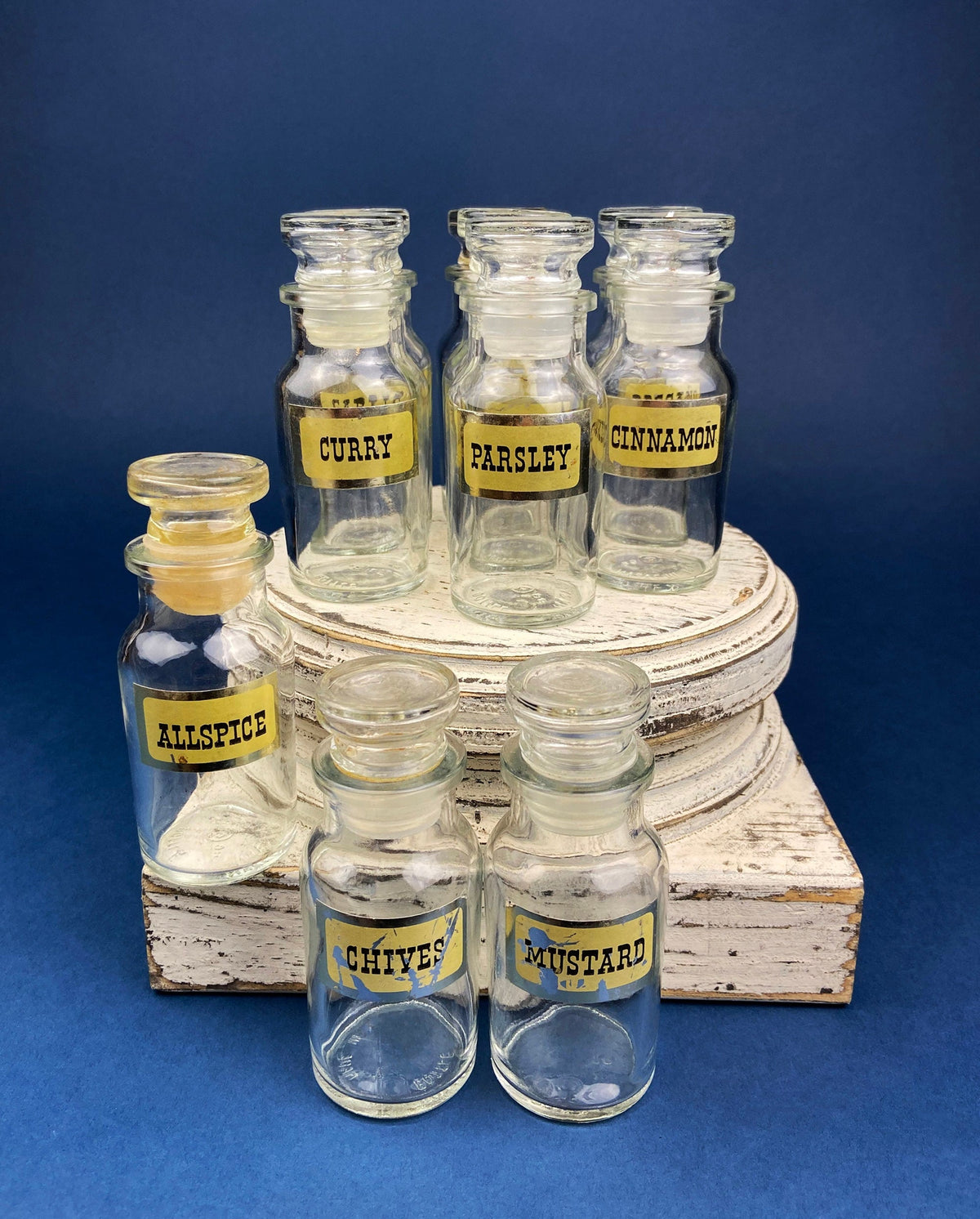 Vintage Glass Spice Apothecary Bottles with Glass Stoppers