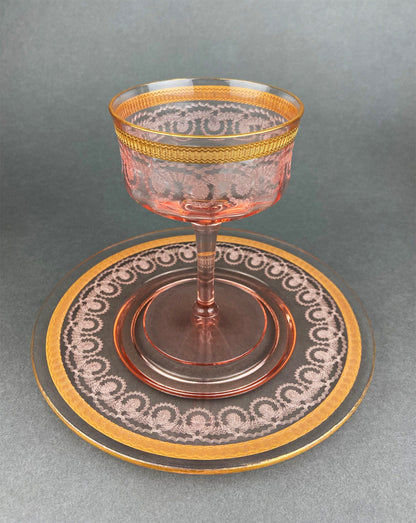 Antique Pink Crystal Goblets, Morgantown Necklace Gold Pattern, Set of 8