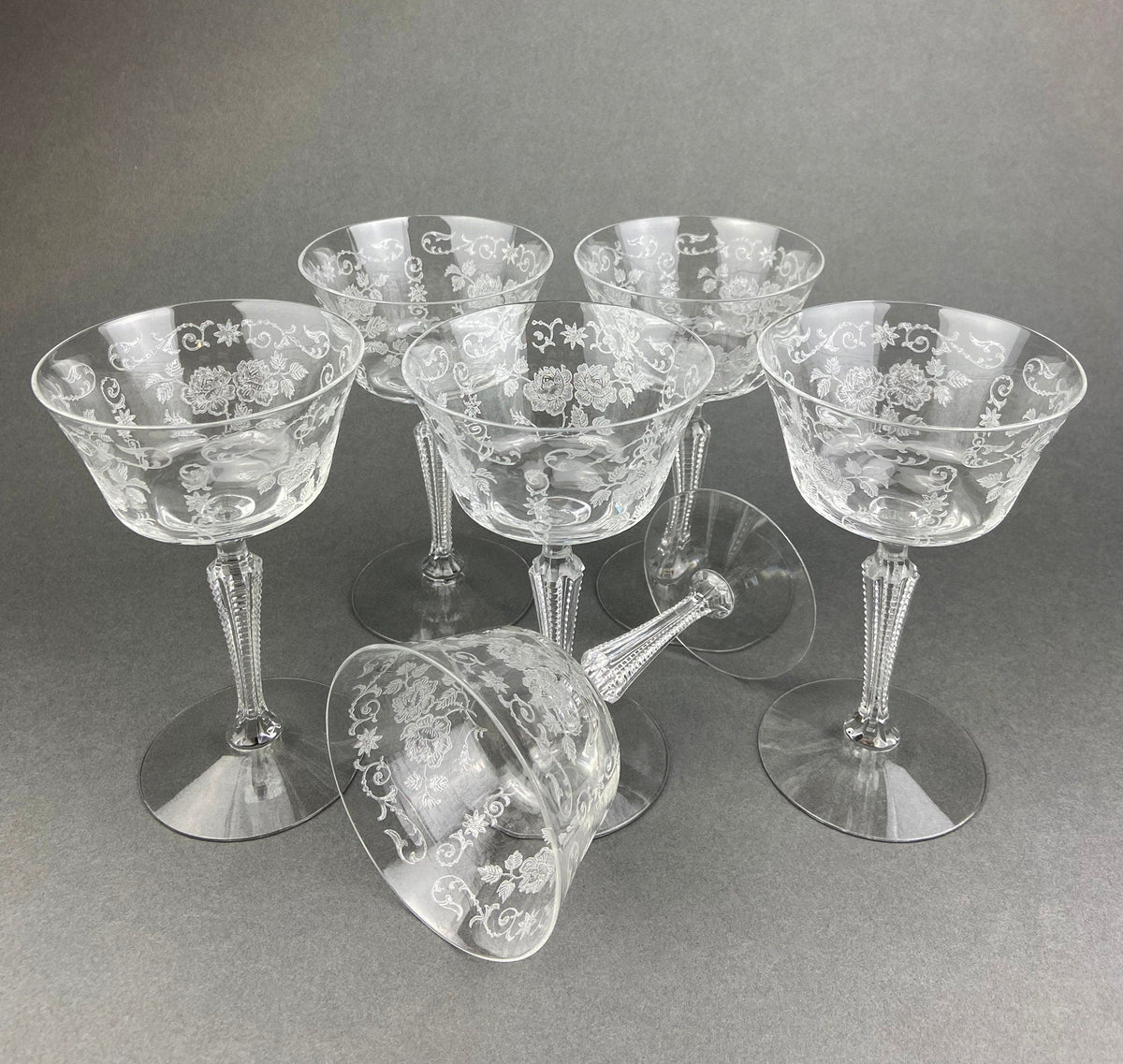 Antique Tall Sherbet Crystal Glasses by Fostoria. Etched Midnight Rose Pattern. Set of Six, 4 oz, Glassware. Replacements. Fine Dining.