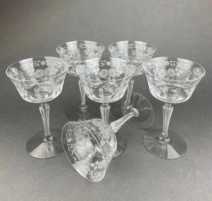 Antique Tall Sherbet Crystal Glasses by Fostoria. Etched Midnight Rose Pattern. Set of Six, 4 oz, Glassware. Replacements. Fine Dining.