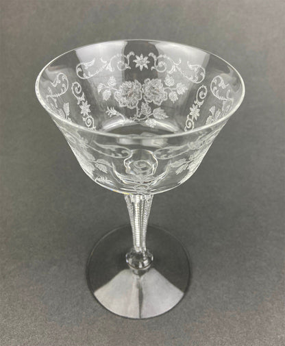 Antique Tall Sherbet Crystal Glasses by Fostoria. Etched Midnight Rose Pattern. Set of Six, 4 oz, Glassware. Replacements. Fine Dining.