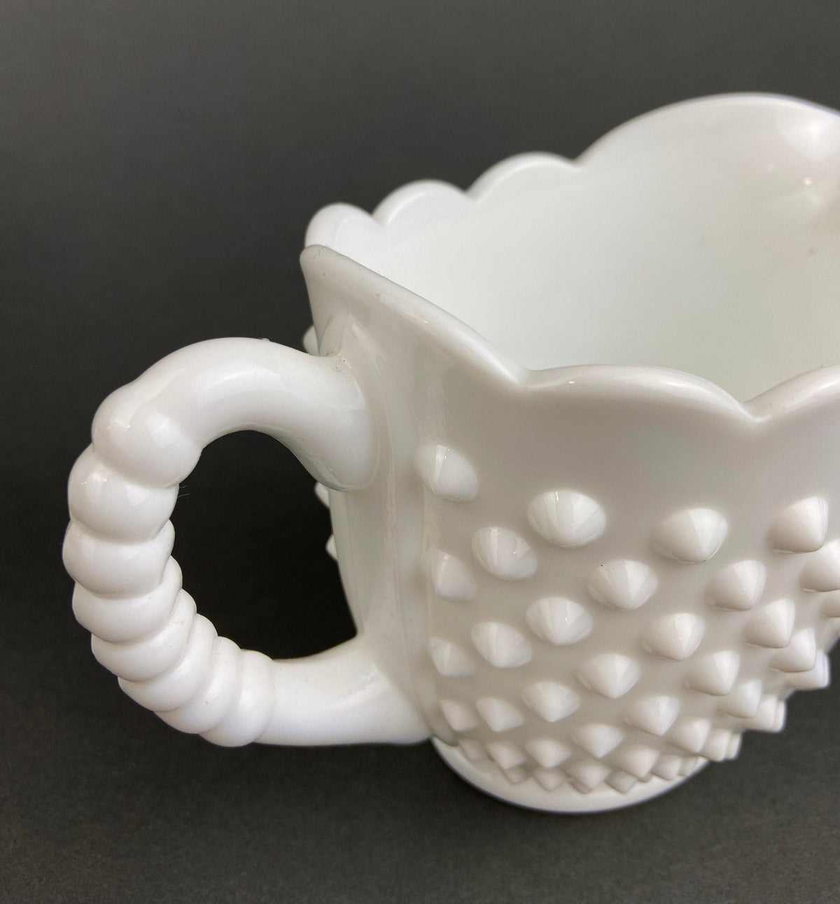 Vintage Milk Glass Creamer, Hobnail Scalloped Sauce Dish