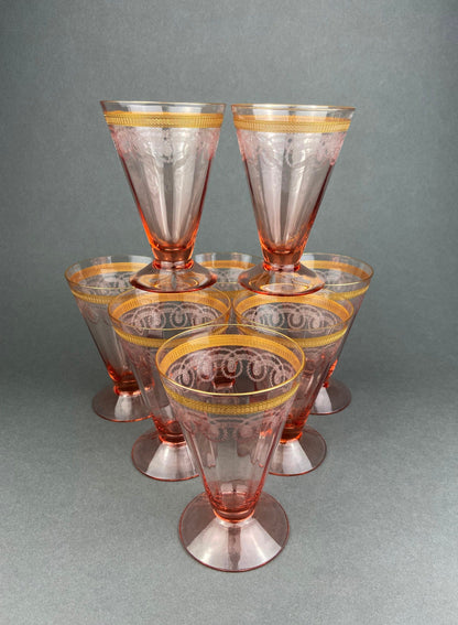 Antique Tall Sherbet Crystal Glasses by Fostoria. Etched Midnight Rose Pattern. Set of Six, 4 oz, Glassware. Replacements. Fine Dining.