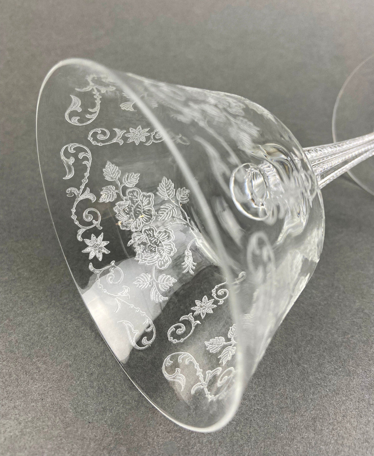 Antique Tall Sherbet Crystal Glasses by Fostoria. Etched Midnight Rose Pattern. Set of Six, 4 oz, Glassware. Replacements. Fine Dining.