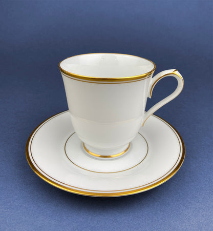 White China Cups and Saucers: Gold Embossed Band, Set of 5