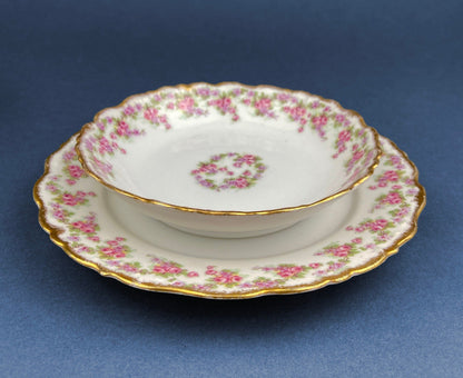 Limoges Elite Set of Five Bread, Salad, 8.75 inch Plates with Pink Roses and Scalloped Rim.  Antique Limoges Dishes.