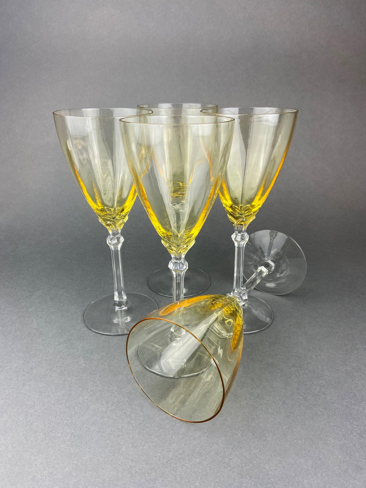 Vintage Fostoria Crystal Topaz Champagne Glasses. Light Yellow Depression Glass Low Sherbet Stemware. Gold Footed Glasses.  Set of Six.