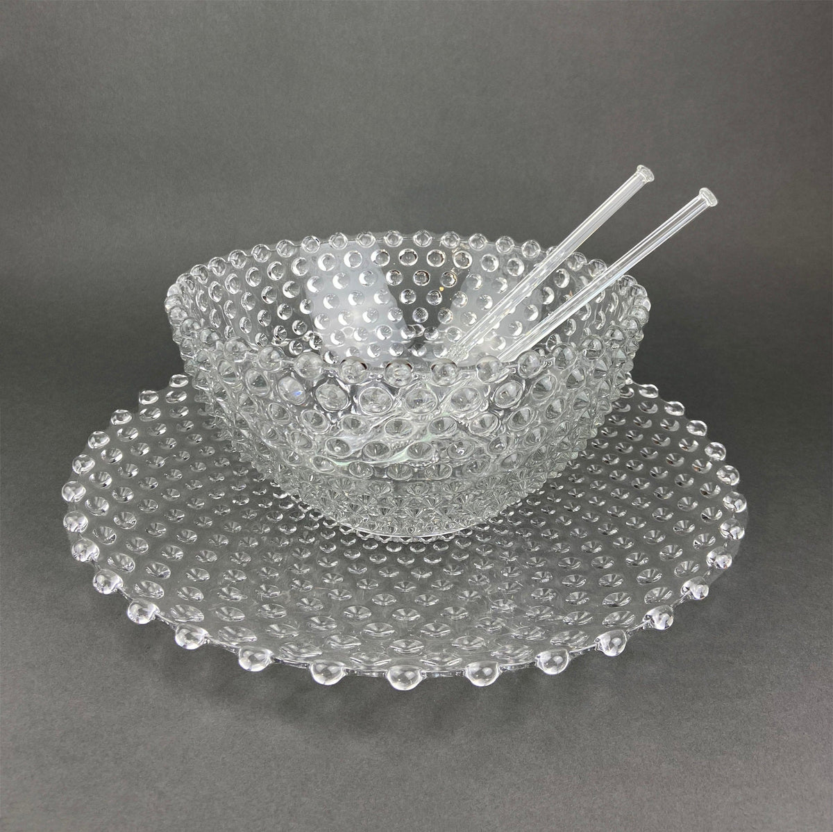 Vintage Moonstone Serving Set. Hobnail Large Bowl and Matching Plate. Salad or Fruit Bowl. Serving Platter. Modern Table Centerpiece.