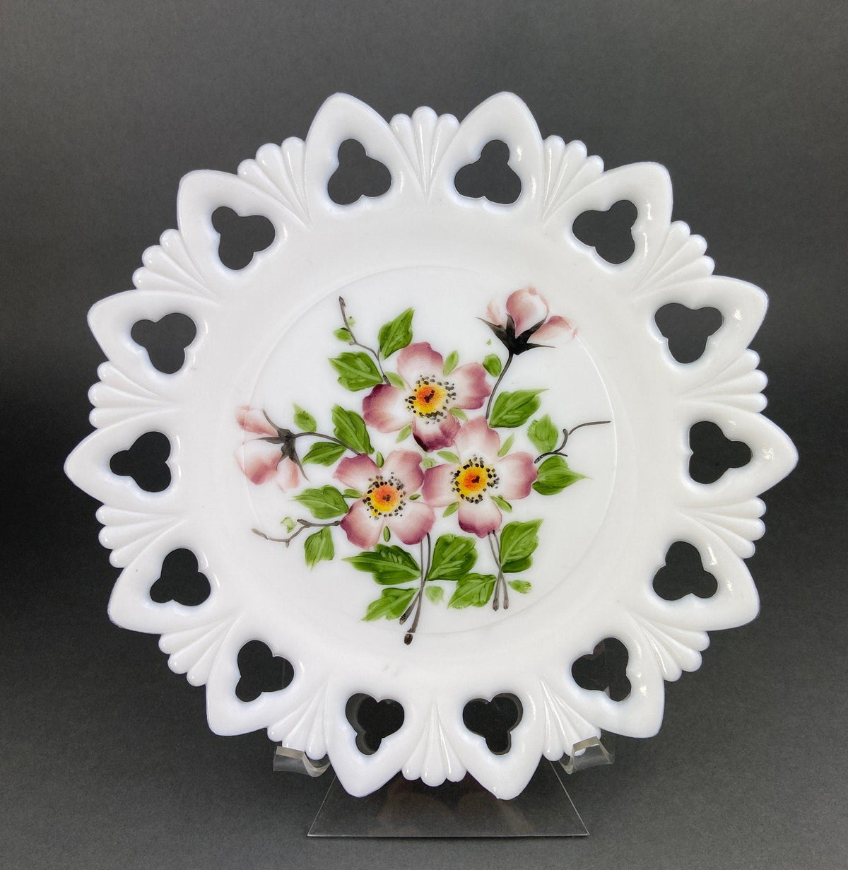 Westmoreland Milk Glass Decorative Plates with Hand Painted Violets,  Cherry Blossom, and Fruit.  Set of Four Plates with Reticulated Rim.