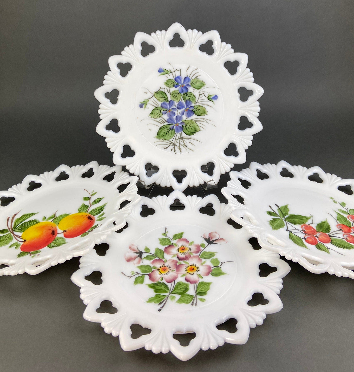 Westmoreland Milk Glass Decorative Plates with Hand Painted Violets,  Cherry Blossom, and Fruit.  Set of Four Plates with Reticulated Rim.
