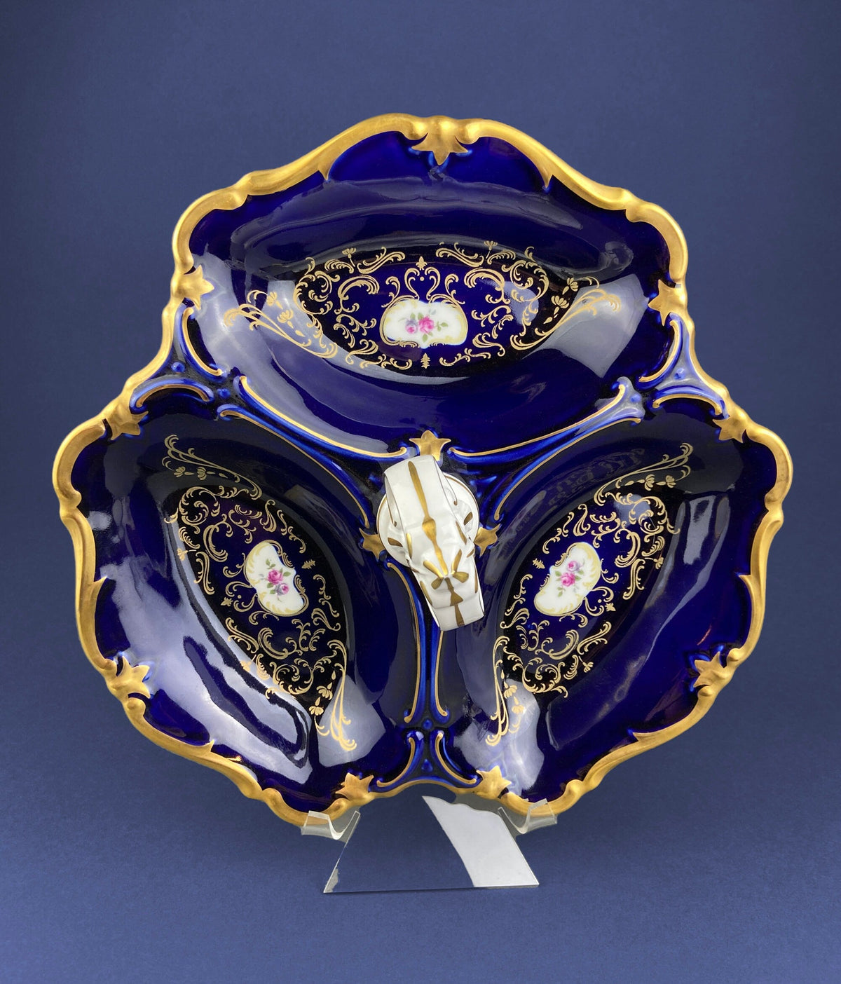 Antique Limoges Porcelain Divided Bowl: Gold Floral Motif, Scalloped Rim