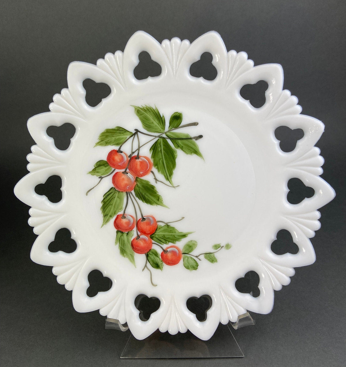 Westmoreland Milk Glass Decorative Plates with Hand Painted Violets,  Cherry Blossom, and Fruit.  Set of Four Plates with Reticulated Rim.