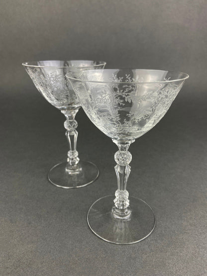 Vintage Fostoria Claret Wine Glasses. Set of Two Chintz Motif Stemware. Fine Dining.