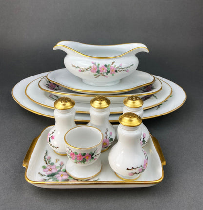 Eschenbach Baronet China Serving Set. Sauce Boat, Three Oval Platters, Egg Cup and Four Shakers with Tray. Germany. Holiday Celebration.