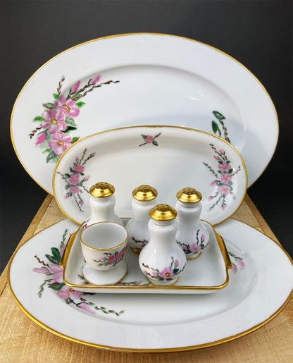 Eschenbach Baronet China Serving Set. Sauce Boat, Three Oval Platters, Egg Cup and Four Shakers with Tray. Germany. Holiday Celebration.