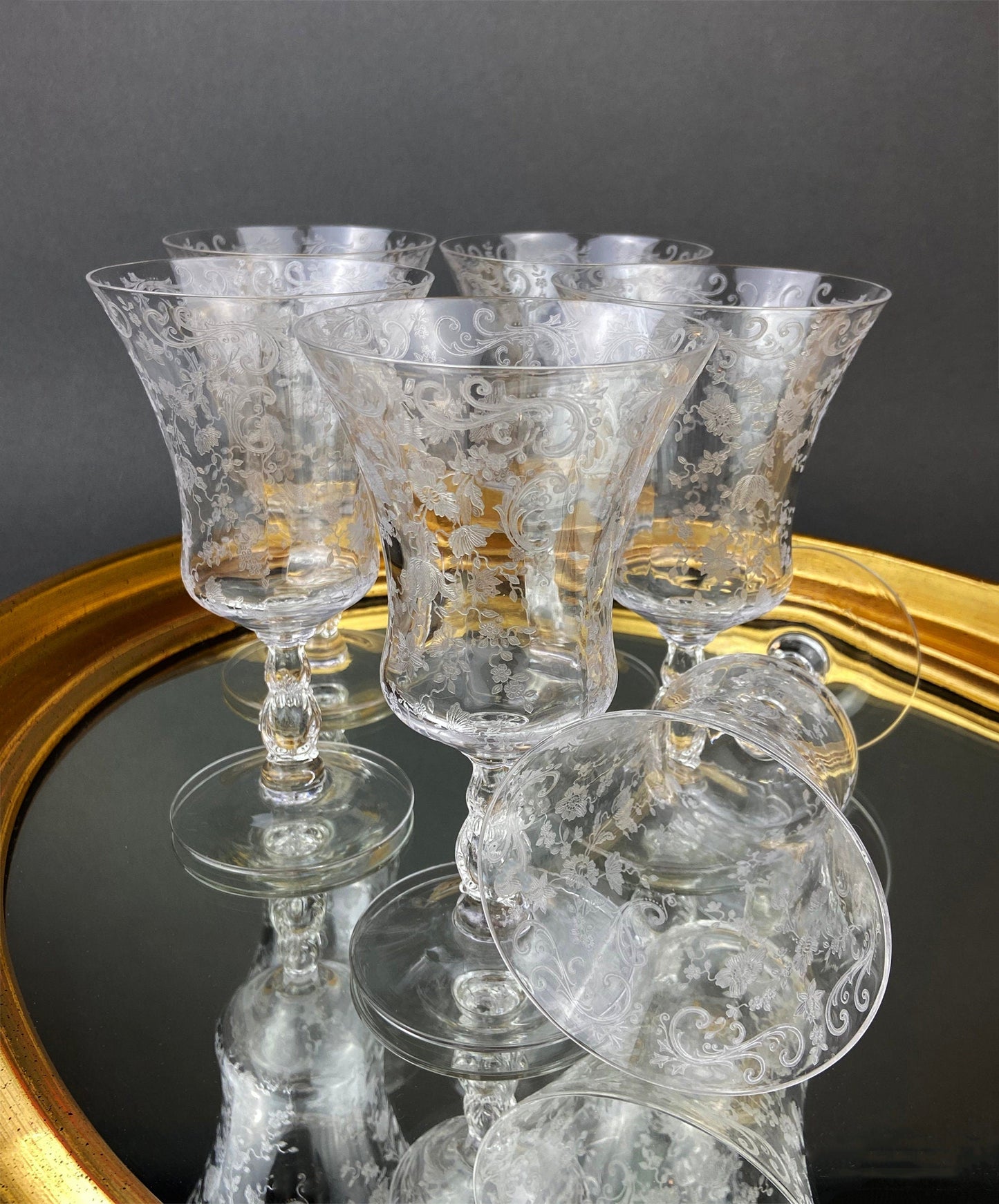Vintage Cambridge Rose Point Champagne Glasses. Set of Five Tall Sherbets. Floral Etching Stemware. Fine Dining. Wedding Gift Idea.