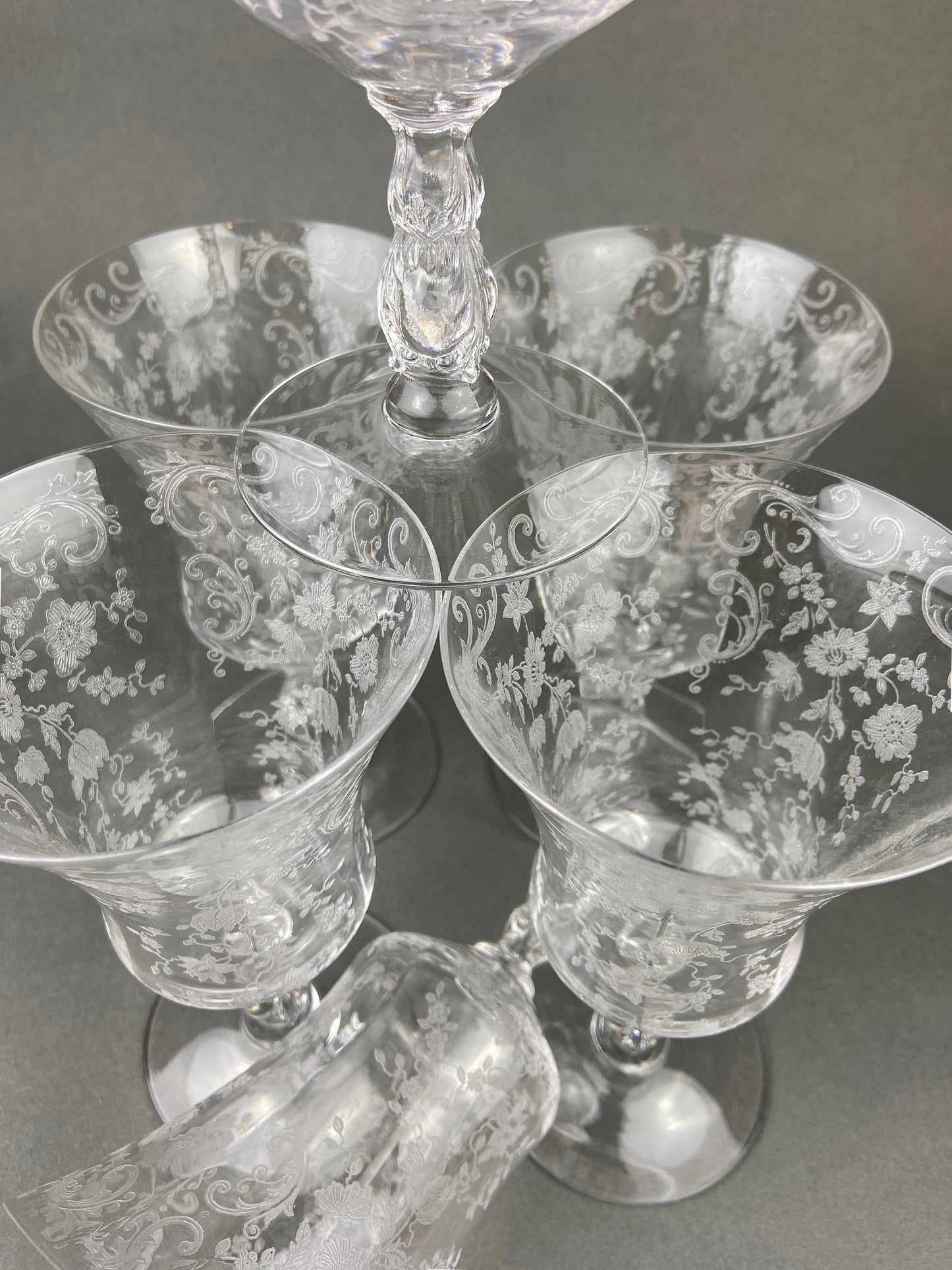Vintage Cambridge Rose Point Champagne Glasses. Set of Five Tall Sherbets. Floral Etching Stemware. Fine Dining. Wedding Gift Idea.