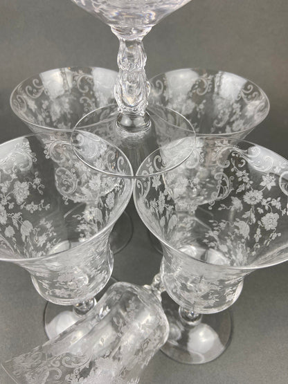 Vintage Cambridge Rose Point Champagne Glasses. Set of Five Tall Sherbets. Floral Etching Stemware. Fine Dining. Wedding Gift Idea.