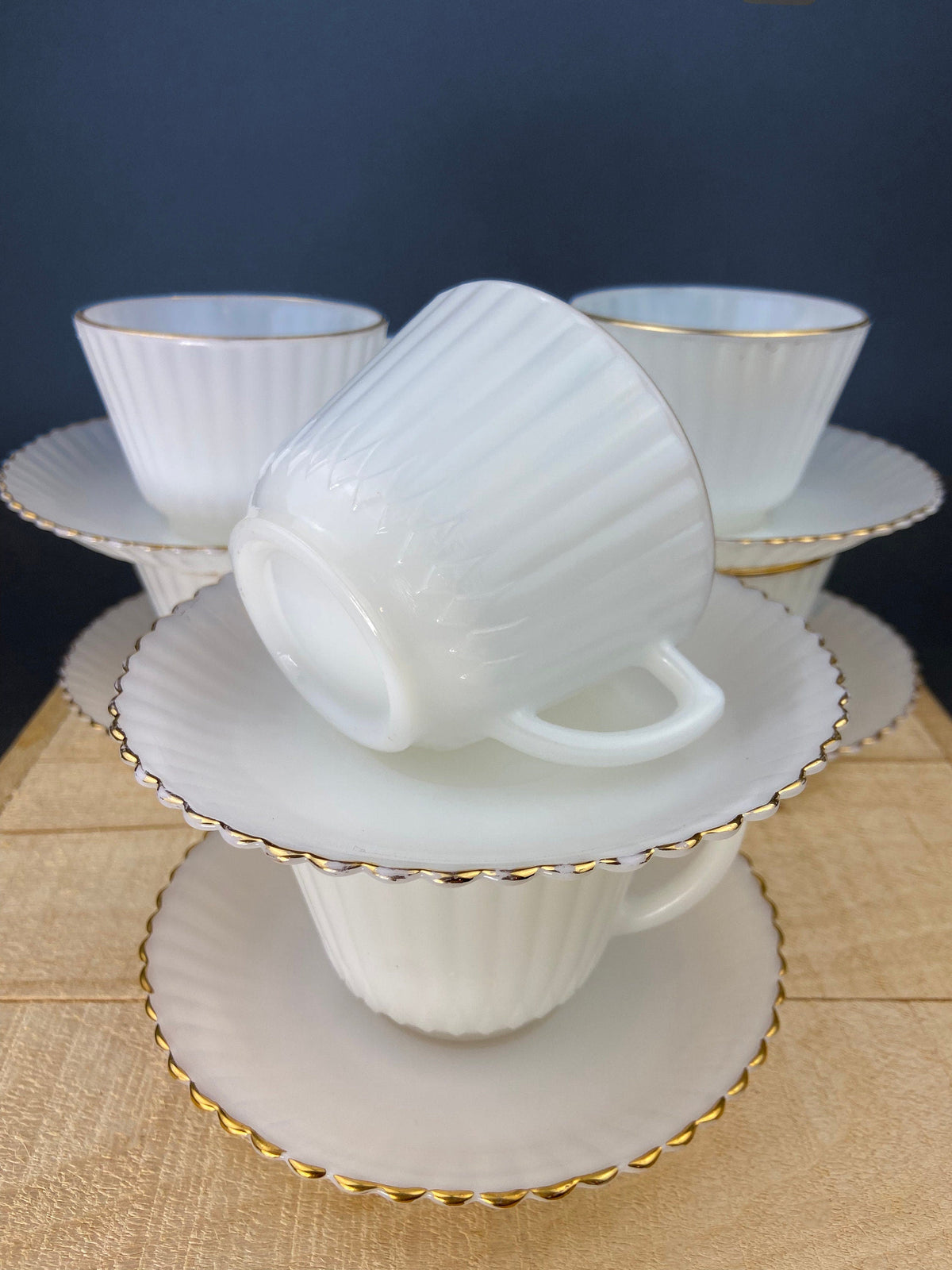 Monax Petalware Opalescent Creamer and Sugar Bowl. White with Gold Brim Depression Glass Creamer and Sugar Bowl.