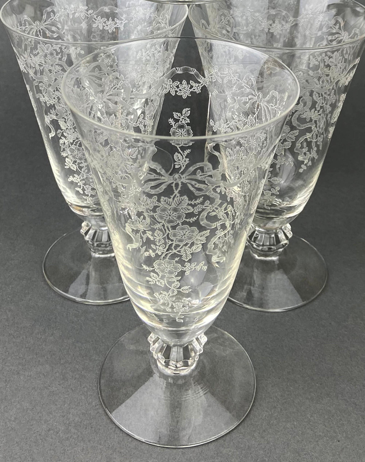 Fostoria Ice Tea Footed Tumblers. Etched Woodland Pattern. Vintage Fostoria Crystal Glasses. Set of 7 Stemware. Collectible Glass.