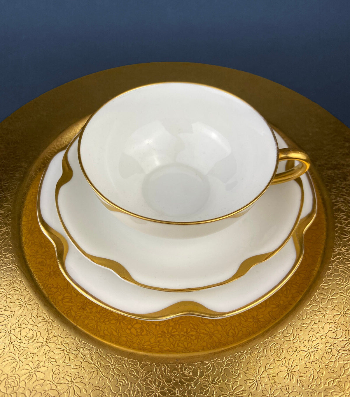 Limoges Haviland Teacup and Saucer, Gold Scalloped Rim, Silver Anniversary Pattern