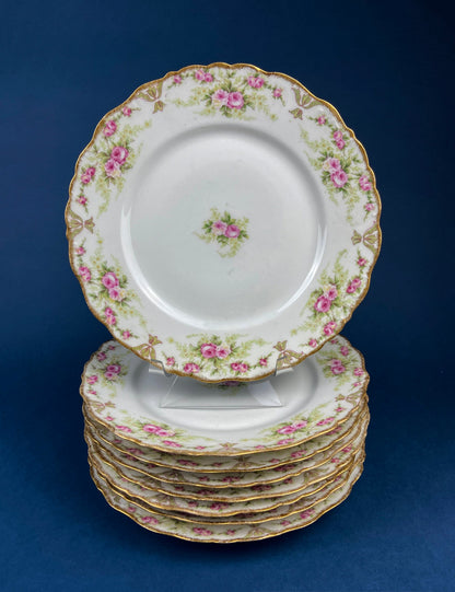 Dinner or Salad Plates, Antique Limoges Elite Porcelain Set of Two Hand-Painted Rose Garlands and Scalloped Gold Rim. MF. & Co.