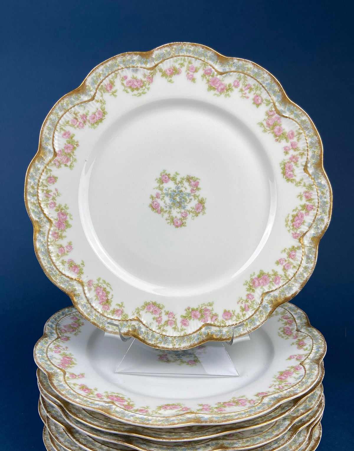 Royal Limoges Dessert Plates (Set of 4): Antique Hand-Painted Rose Garland, Made in France