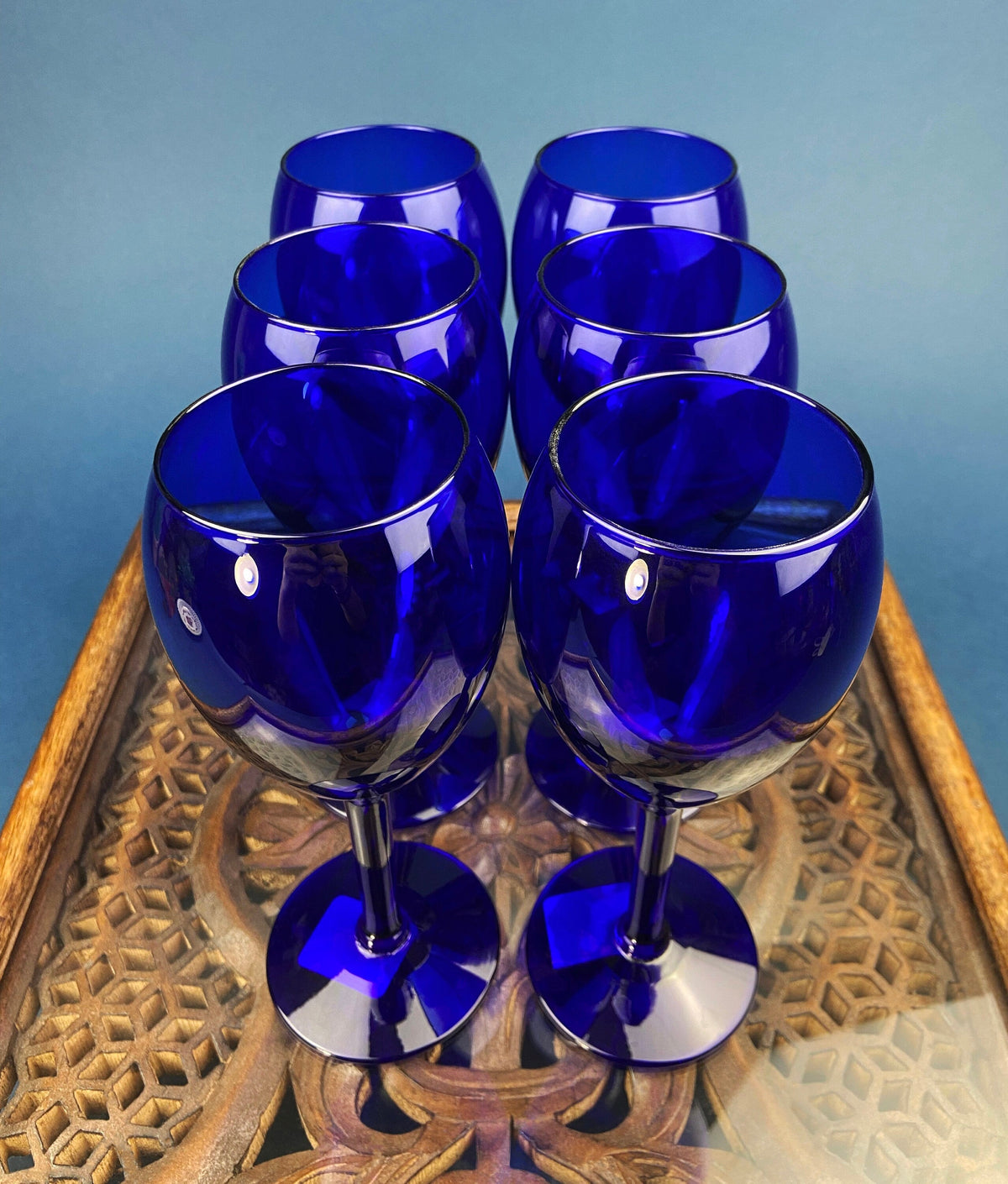 Cobalt Blue Wine Glasses.  Set of Six Stemware. Dark Blue Modern Glasses. Holiday Celebration.