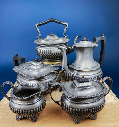 Pewter Teapot by Etain Zinn.  Etched with Heart and Cupids Antique Teapot. Spout Shaped like Eagle. Back Handle with Lion.