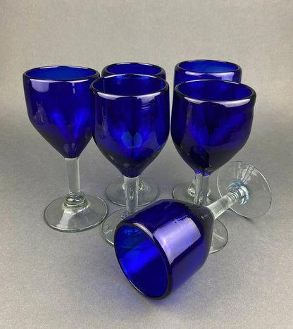Cobalt Blue Wine Glasses.  Set of Six Stemware. Dark Blue Modern Glasses. Holiday Celebration.
