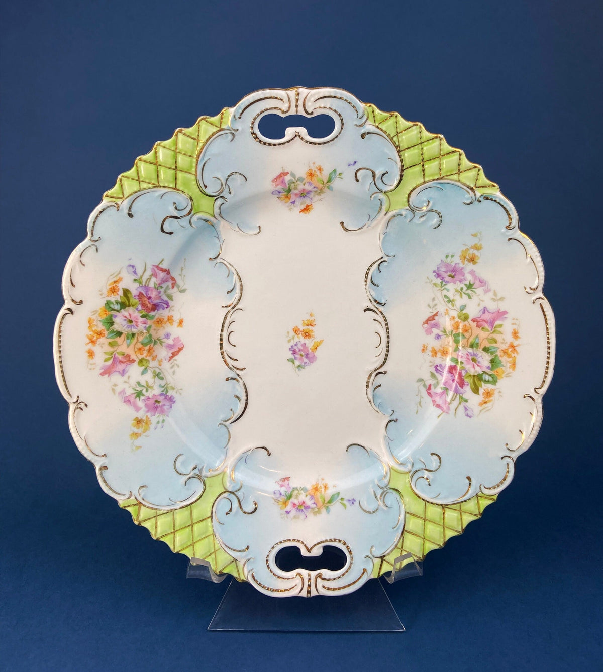 Antique Hand Painted Serving Plate with Gold Lattice. Porcelain Platter with Wild Flowers Motif.