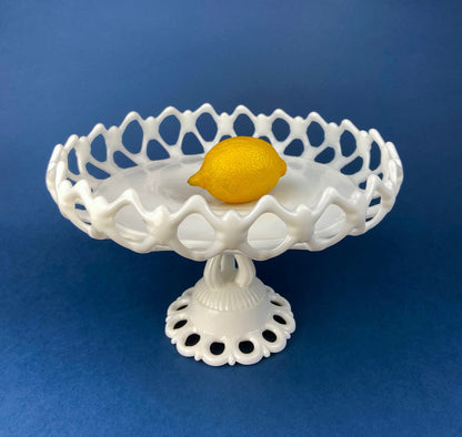 Westmoreland Milk Glass Pedestal Fruit Bowl. Doric Pattern with Lace Edge. 10" in Diameter.  Table Centerpiece.