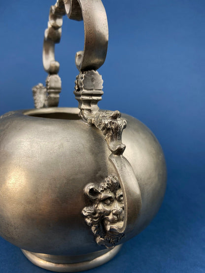 Pewter Teapot by Etain Zinn.  Etched with Heart and Cupids Antique Teapot. Spout Shaped like Eagle. Back Handle with Lion.