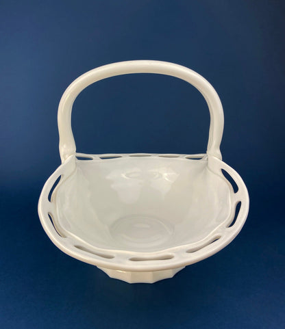Milk Glass Basket. Large, Pinched Basket with Waffle Pattern, Embossed Circles, and Lacey Edge. Fruit Basket. Table Centerpiece.
