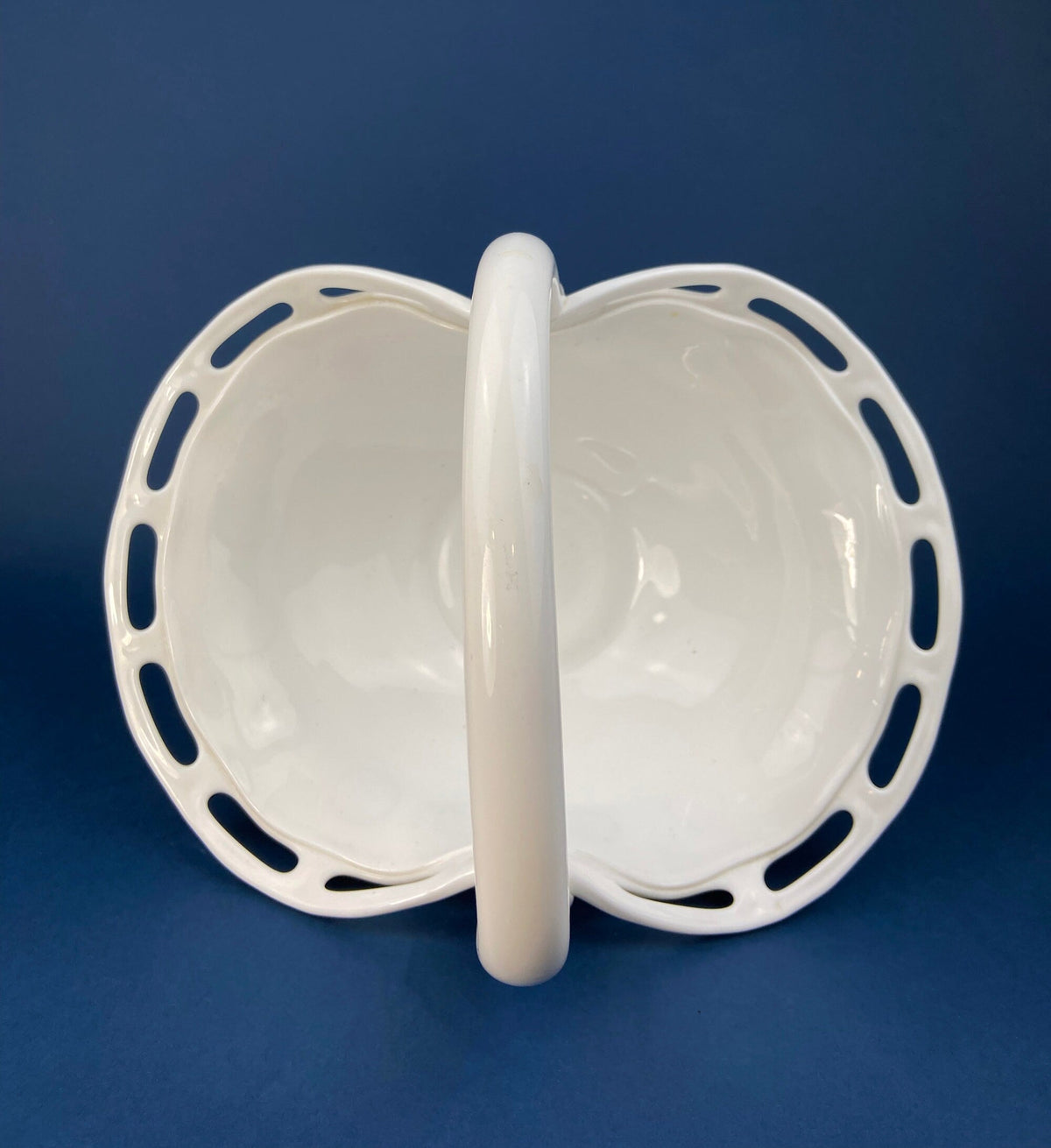 Milk Glass Basket. Large, Pinched Basket with Waffle Pattern, Embossed Circles, and Lacey Edge. Fruit Basket. Table Centerpiece.
