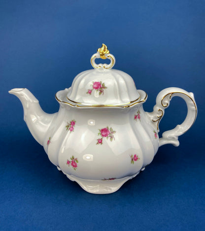 Antique Bavarian Teapot, Coffee Pot, Creamer, Sugar Bowl Set by Hertel Jacob Porcelain Co.