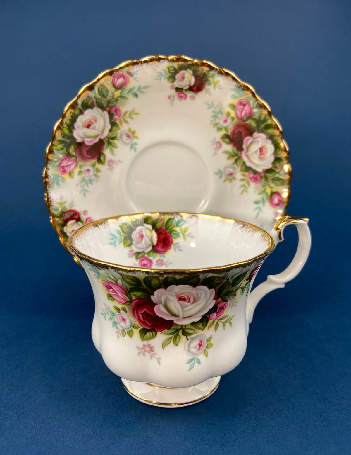 Royal Albert Cup and Saucer. Celebration Motif Tea/Coffee Set. Red, Pink & White Roses. Made in England. Collectibles. Gift for Her.